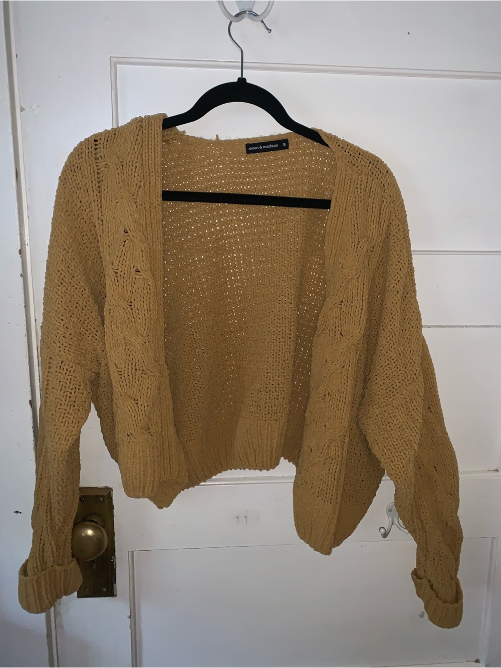 moon & madison Mustard Open Cable Knit Cropped Cardigan